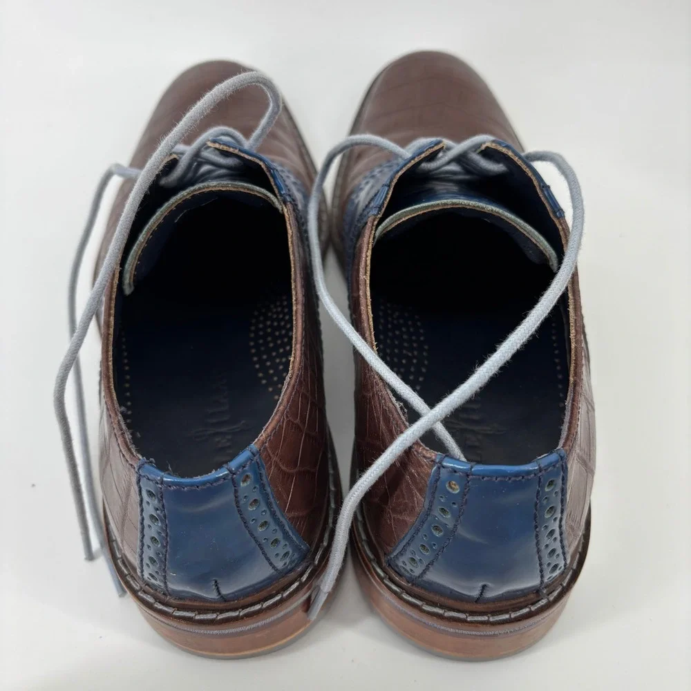Cole Haan Mens Oxford Shoes 8.5 Brown Blue Croc Embossed Leather Brogue Wingtip